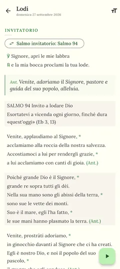 Le Lodi nell'app: l'invitatorio con l'antifona e il Salmo 94, versi alternati come nella recita corale.
