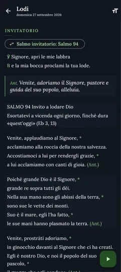 Le Lodi nell'app: l'invitatorio con l'antifona e il Salmo 94, versi alternati come nella recita corale.